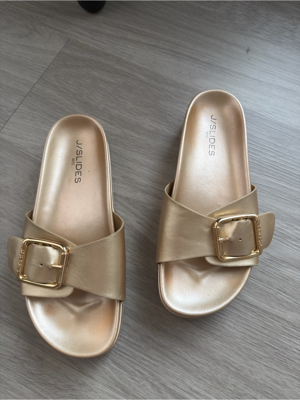 J/SLIDES Metallic Gold Buckle Slide Sandals